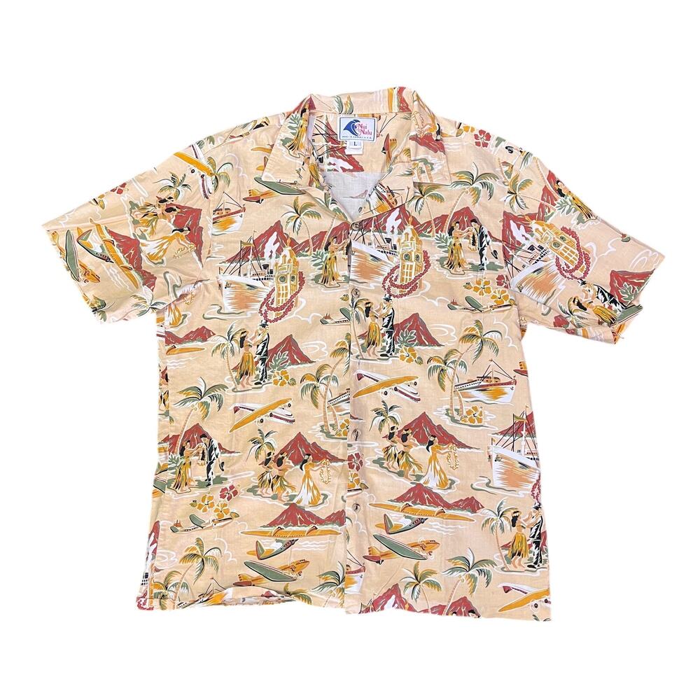 Vintage Nui Nalu Shirt Mens Large Yellow Hawaiian Dance Camp Aloha Made in USA